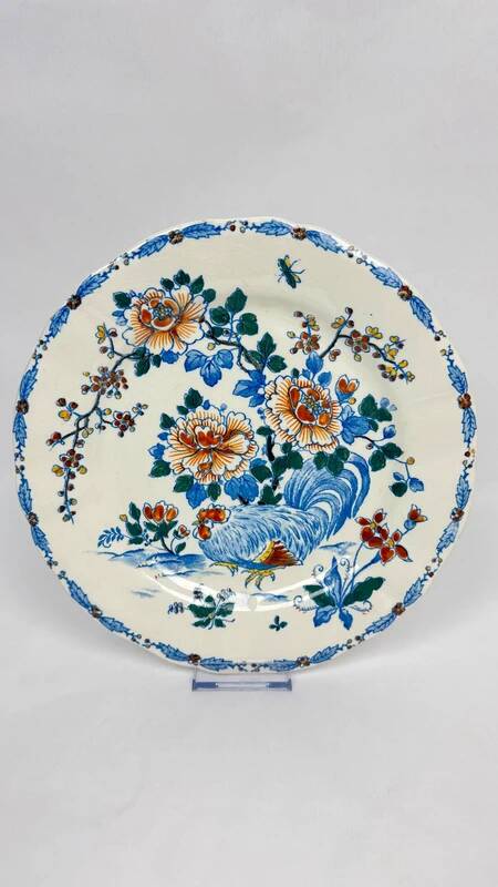 Set of 6 Gien flat plates with rooster and peony decoration, earthenware, 1875