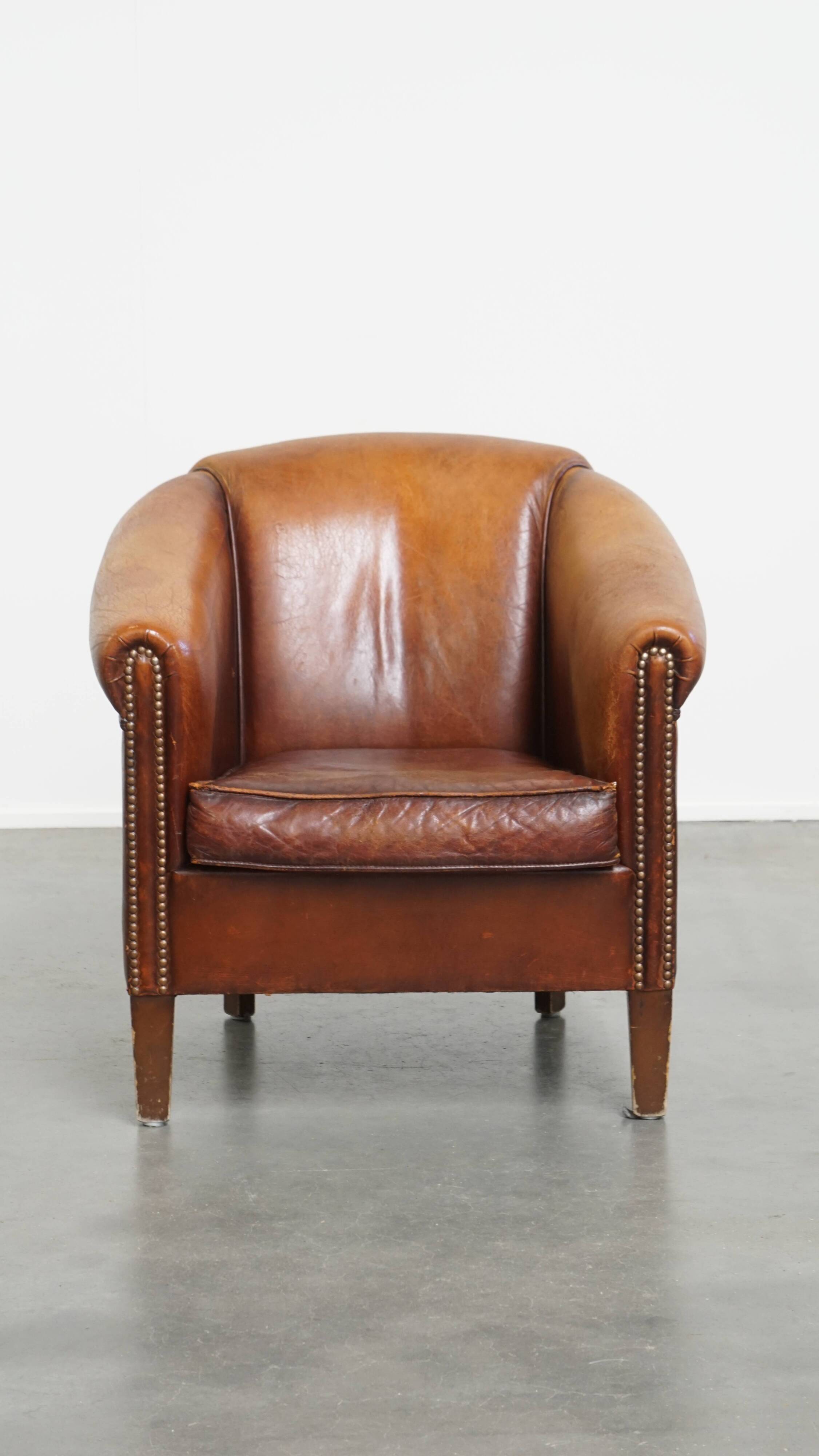 Cognac-Colored Sheepskin Leather Club Chair