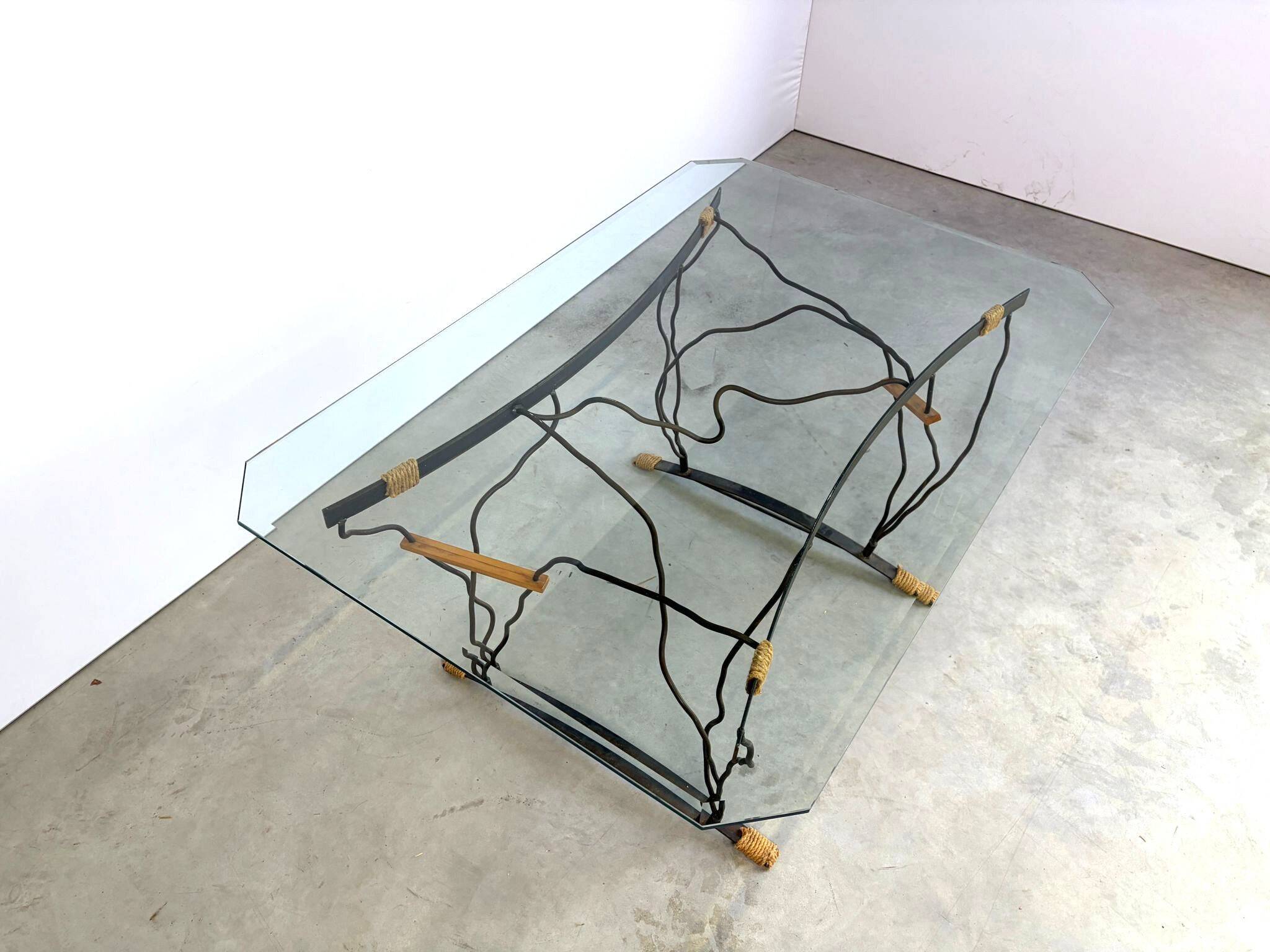 Table à manger vintage en fer forgé et verre, années 1970