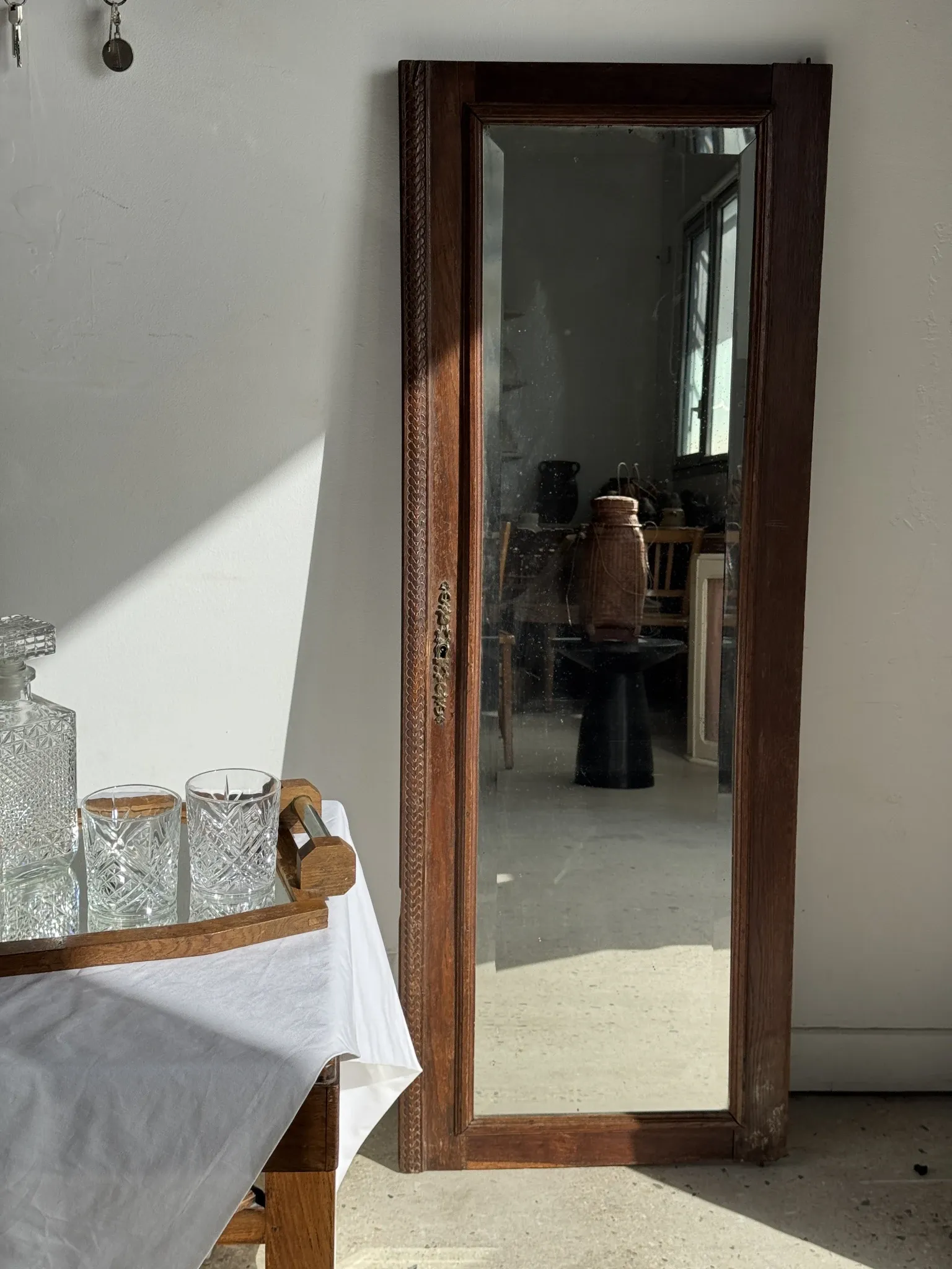 Antique mirror (right) oak wardrobe door with bevelled glass and