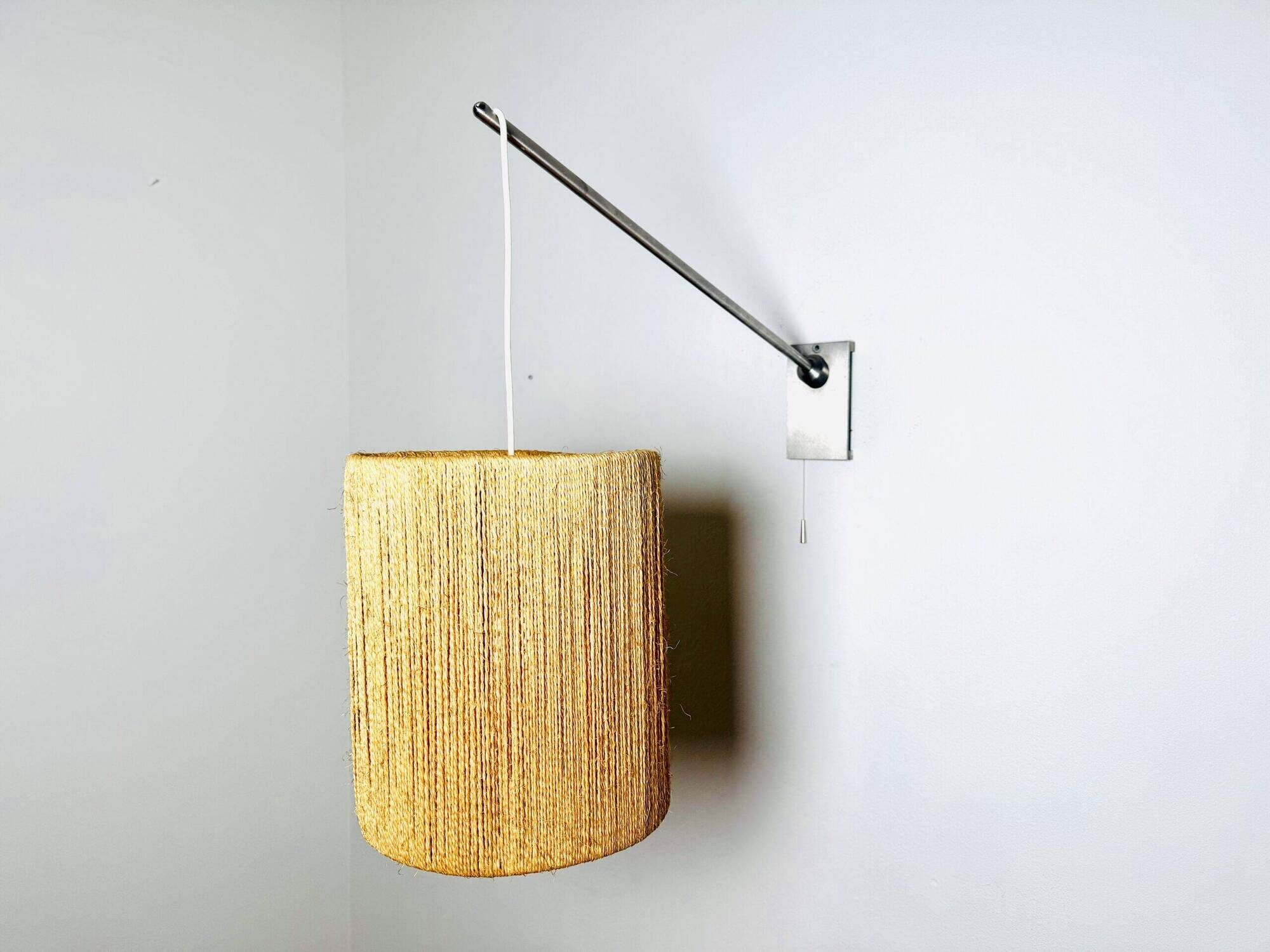Large Sisal Shade Wall Lamp With Metal Arm, Sweden 1960S