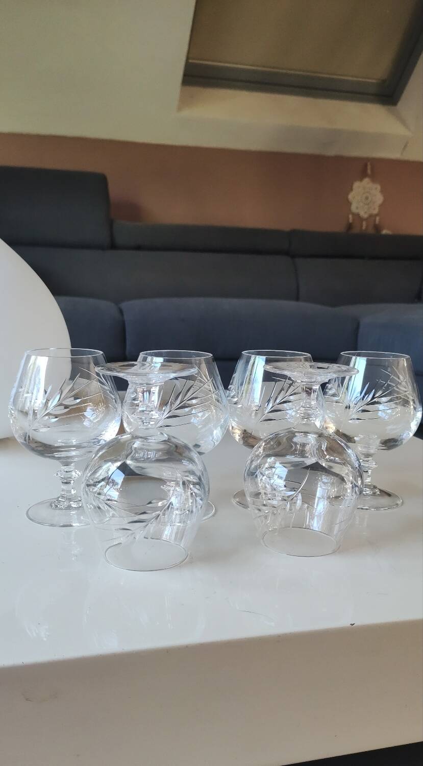 Set of 6 Cognac Glasses. Fleury/Arques Crystal Model. Wheat Ears Design