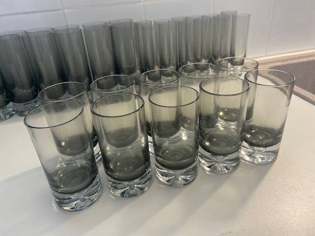 Set of black smoked glasses with large bubbles from the 1970s.