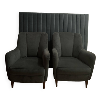 lot pair of signed armchairs with headboard