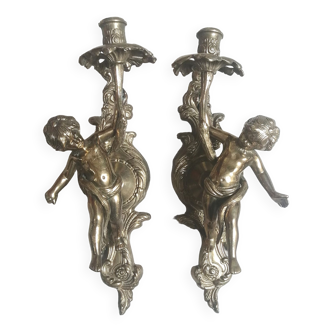Pair of bronze sconces, angels, cherubs, cherubs