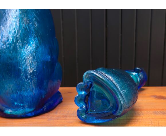 Bouteilles "chien", carafes bleues en verre Empoli, années 60