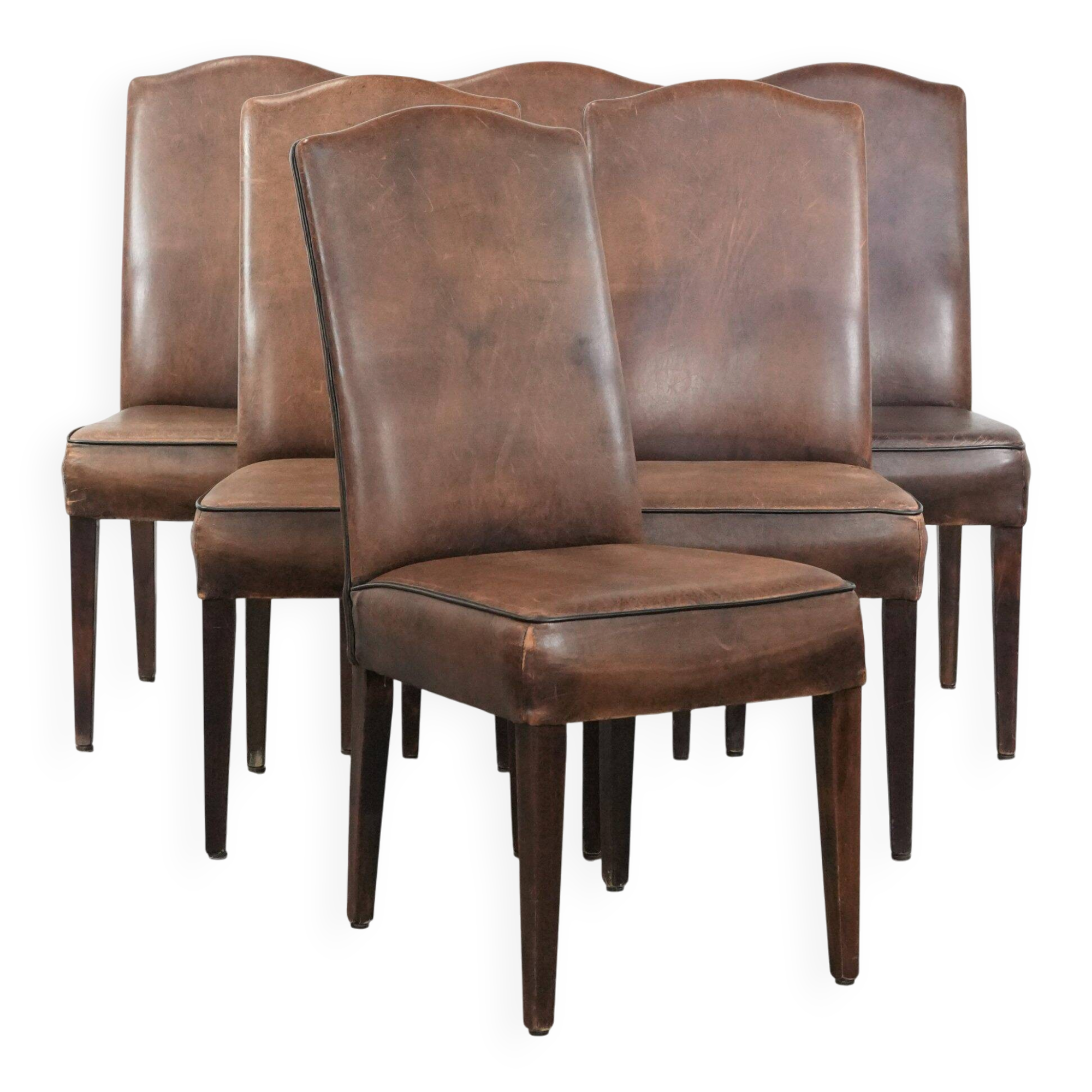 Set of 6 vintage sheepskin dining chairs finished with black piping