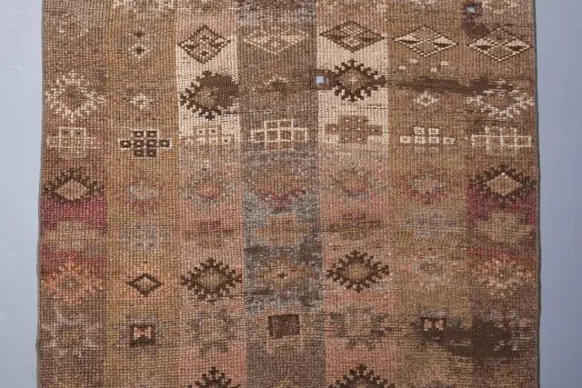 Vintage Turkish Hand-Knotted Wool Cotton Brown Runner 94x203