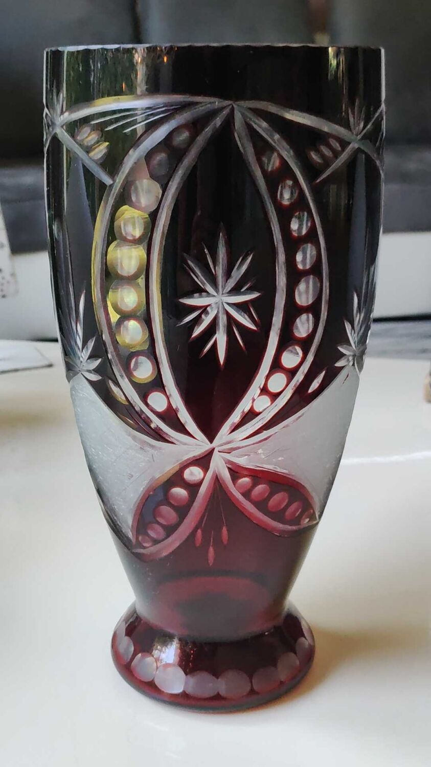 Bohemian/Czech Boho crystal vase, Burgundy red, vintage