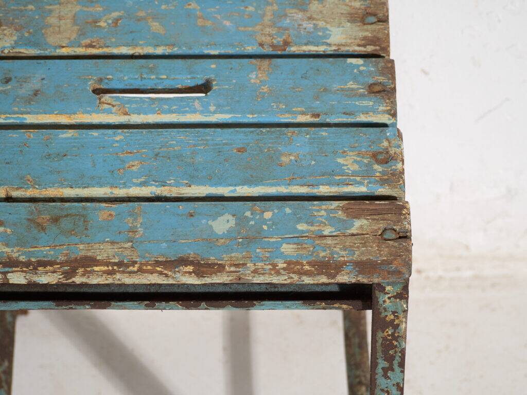 Vintage industrial stool made of pine wood and iron – Central Europe, around 1950