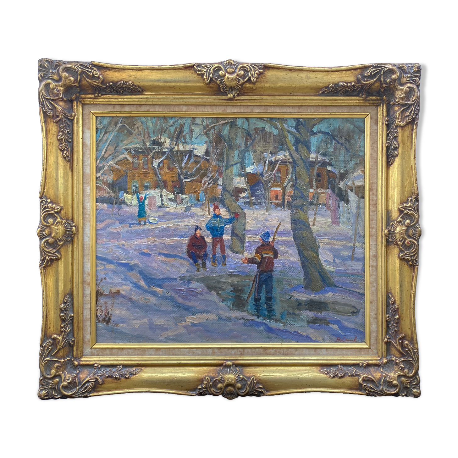 Table Russian school XX° "Animated winter landscape" Children playing signed + frame