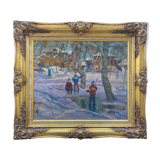 Table Russian school XX° "Animated winter landscape" Children playing signed + frame