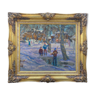 Table Russian school XX° "Animated winter landscape" Children playing signed + frame