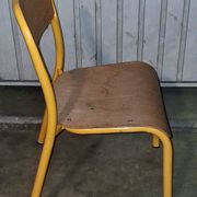 Pair of school chairs, wood and yellow metal, industrial decor.