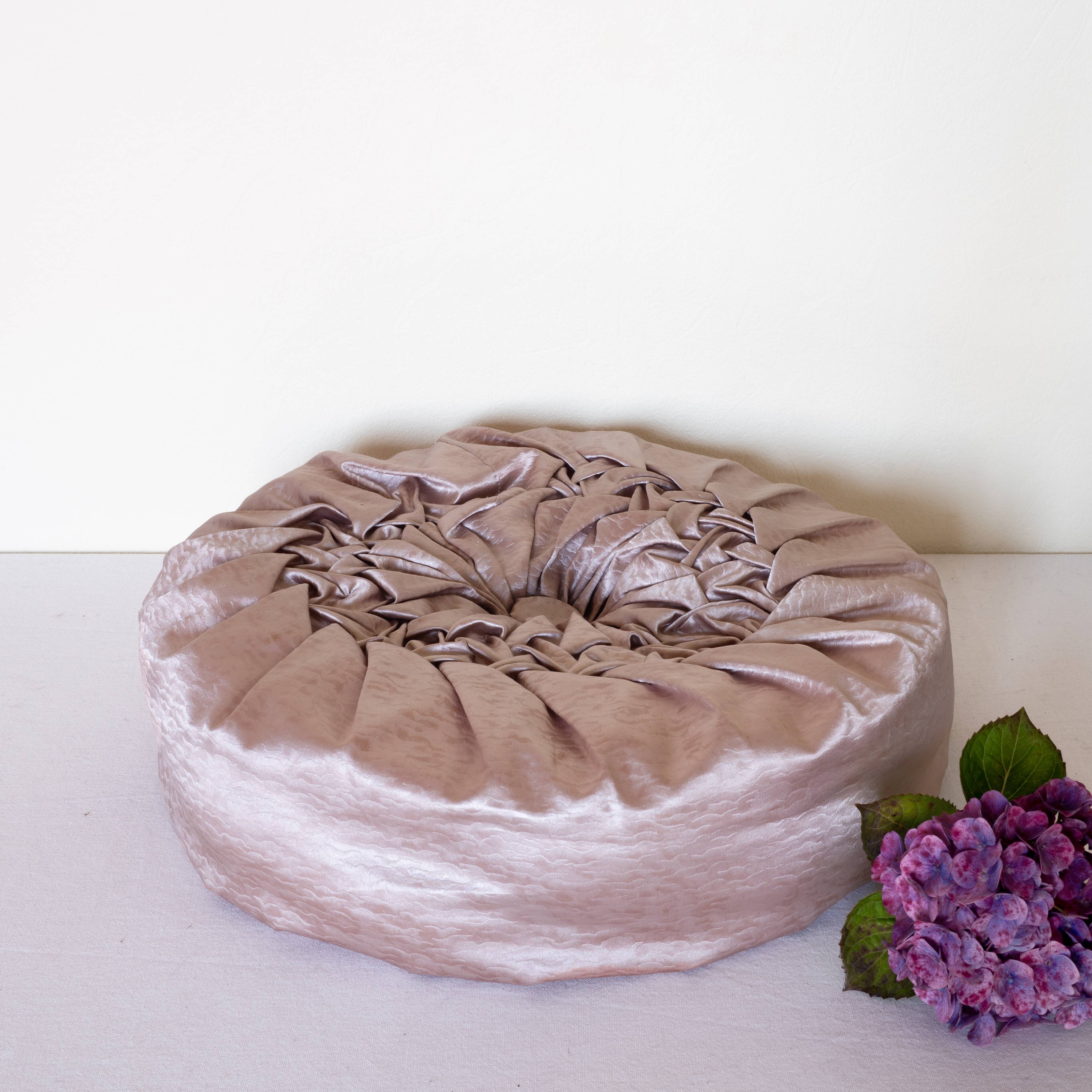 round pleated cushion in pink beige silk