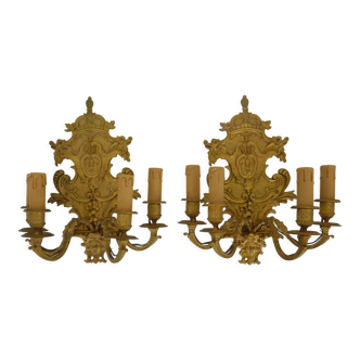 Pair of 4-spoke sconces in gilded bronze. XIXth