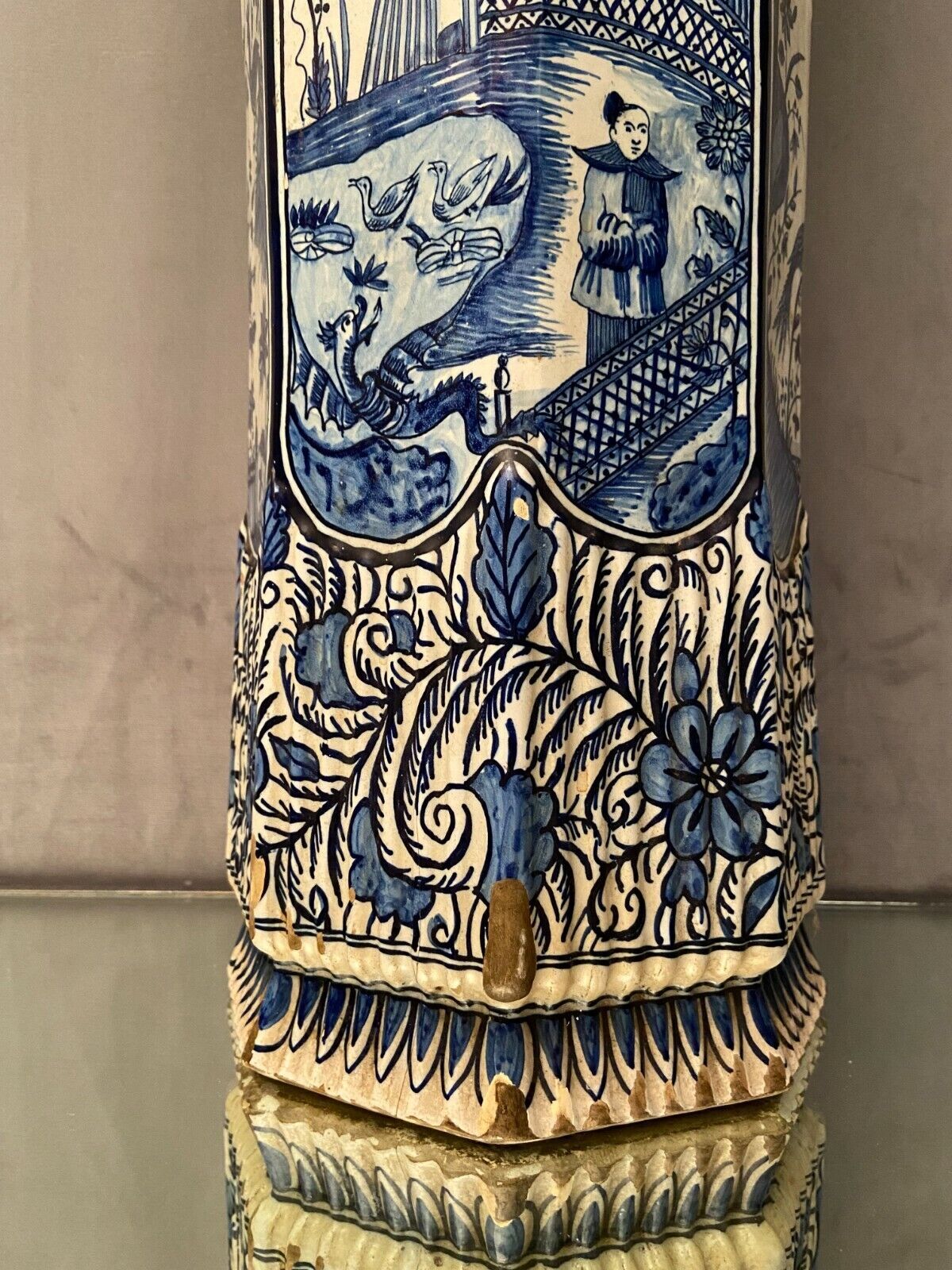 Umbrella holder vase earthenware Desvres nineteenth decoration Far East Pagoda 62.5 cm