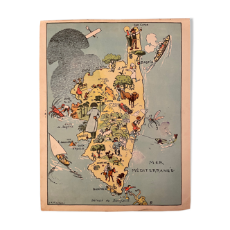 Old illustrated map of corsica 1929 by jp pinchon