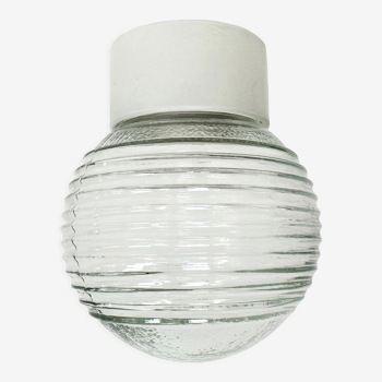 Vintage White Porcelain Ceiling Light with Ribbed Glass , 1970s