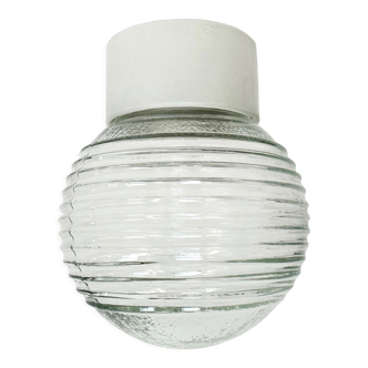 Vintage White Porcelain Ceiling Light with Ribbed Glass , 1970s