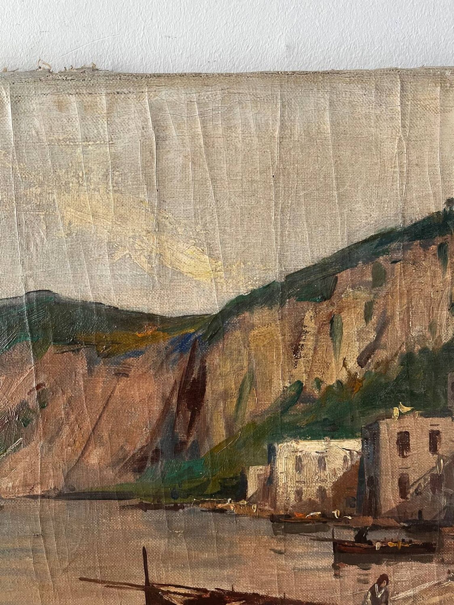 Village in the cliffs, oil on canvas signed E. Bello