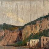 Village in the cliffs, oil on canvas signed E. Bello