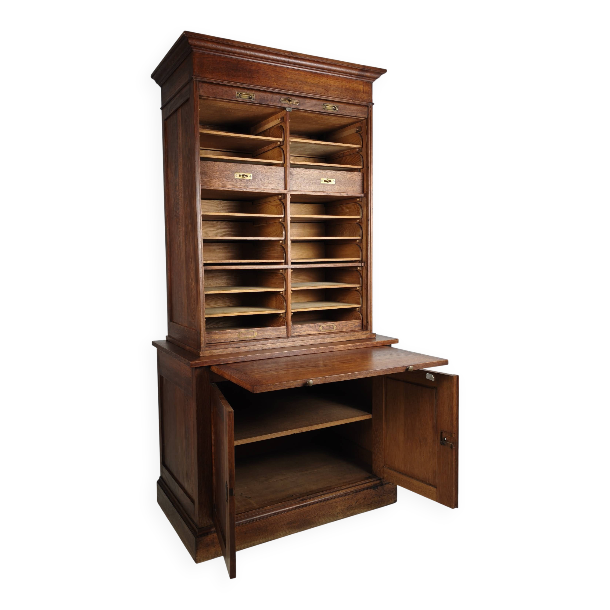 1930s Dutch Oak Roll-Top Notary Cabinet / Archive Cabinet