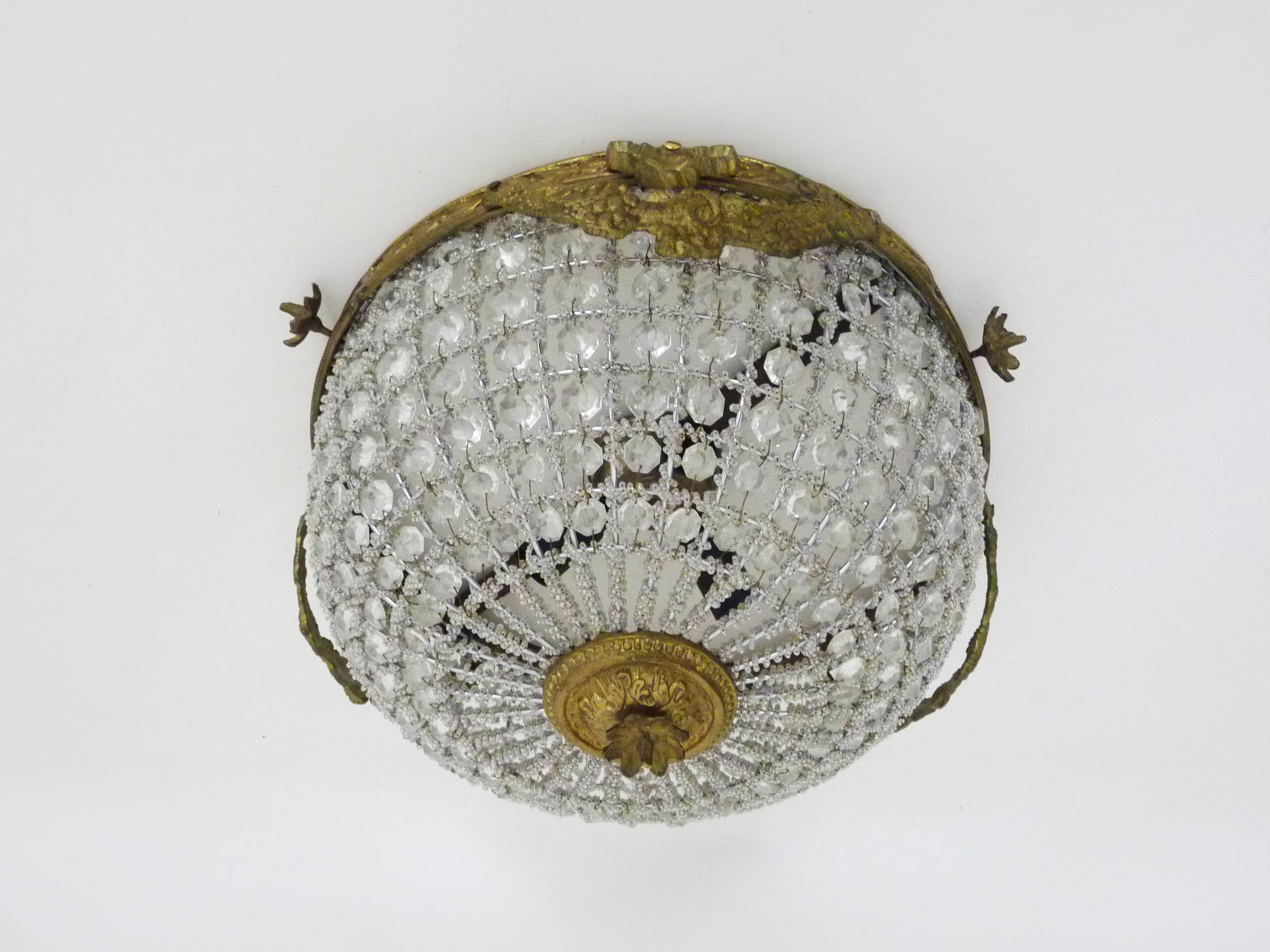 Half-basket ceiling light with 3 bronze lights and glass pendants. 1980s