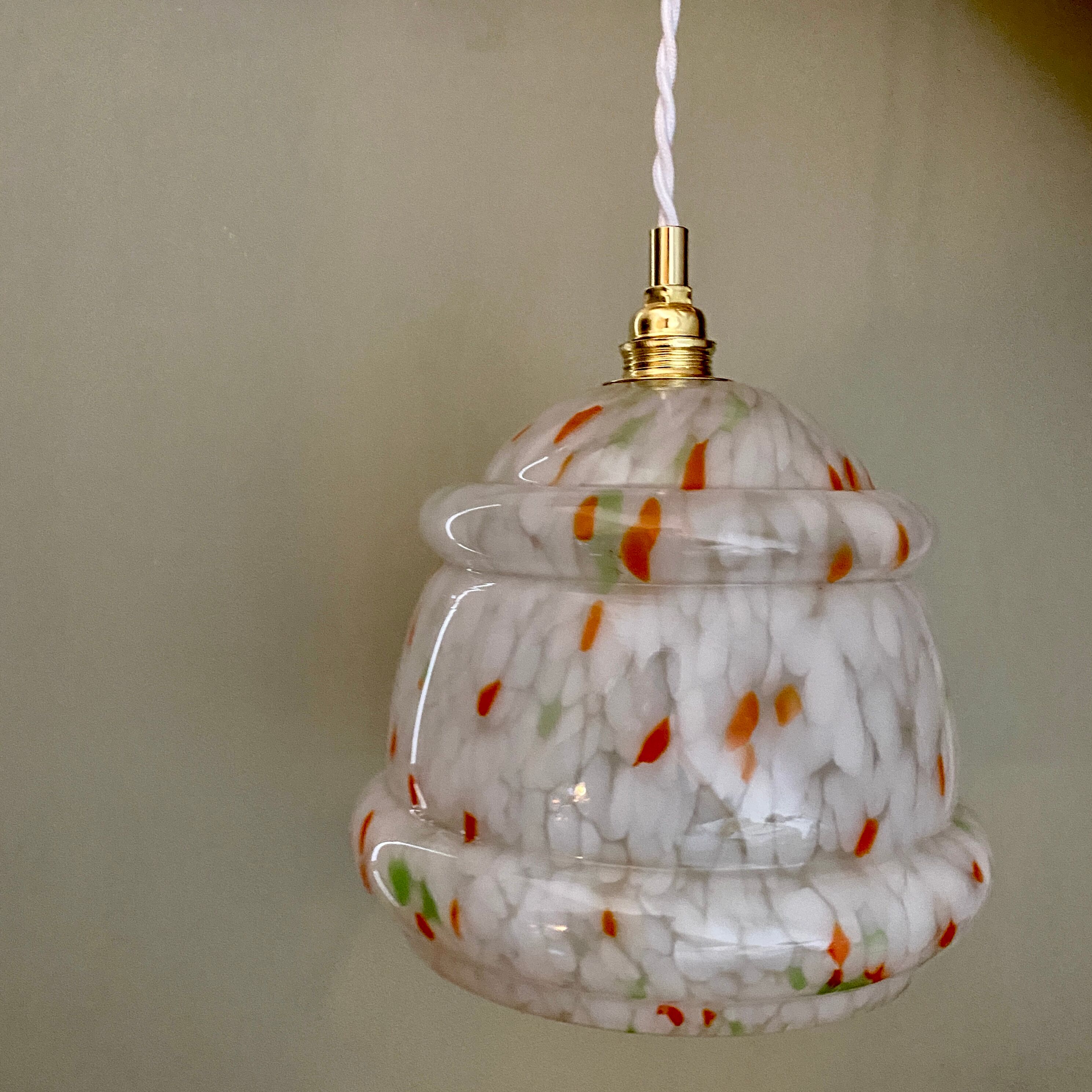 Vintage Clichy glass globe pendant lamp white orange and green