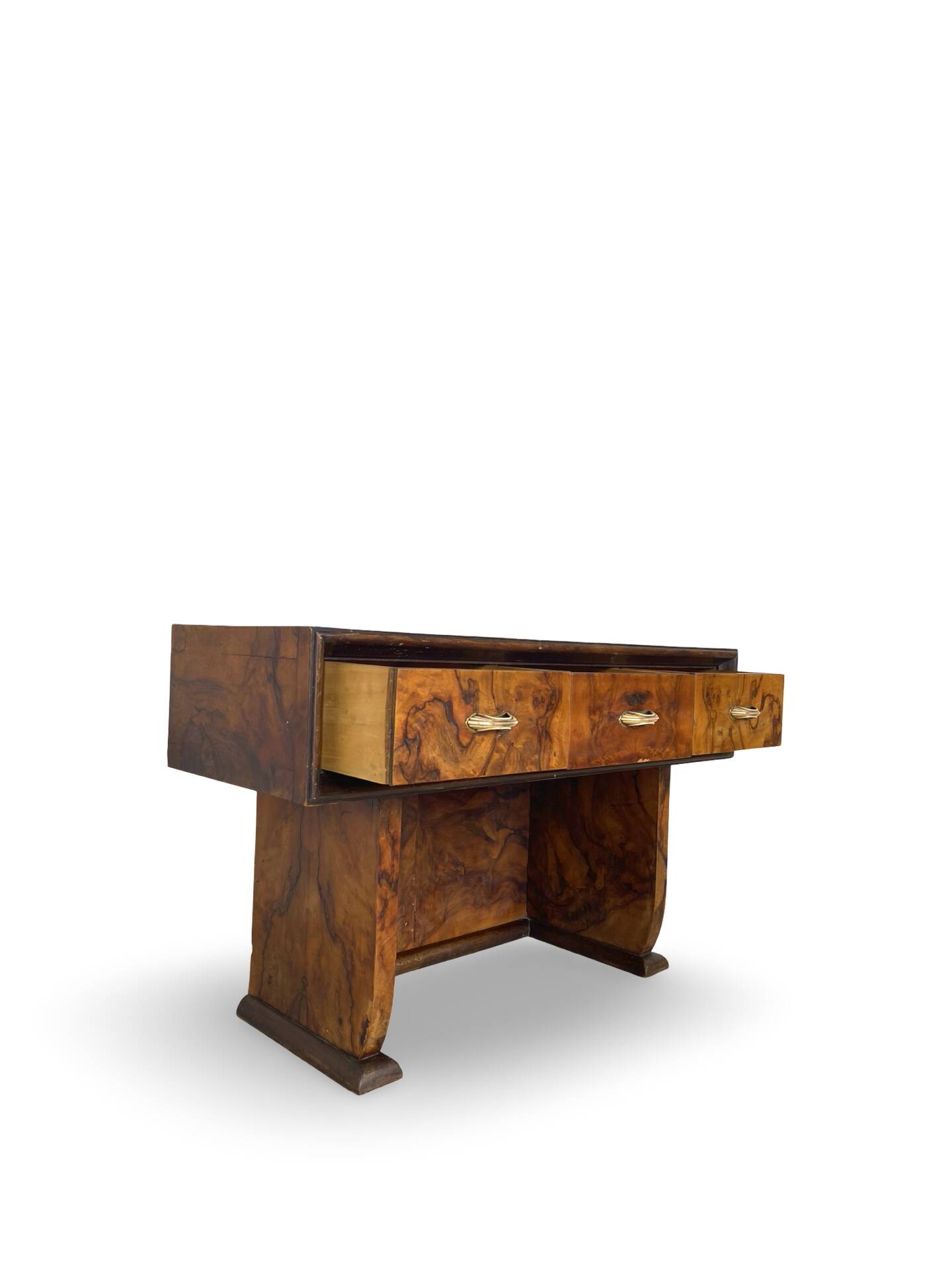 Italian burl walnut art deco console table, 1930s.