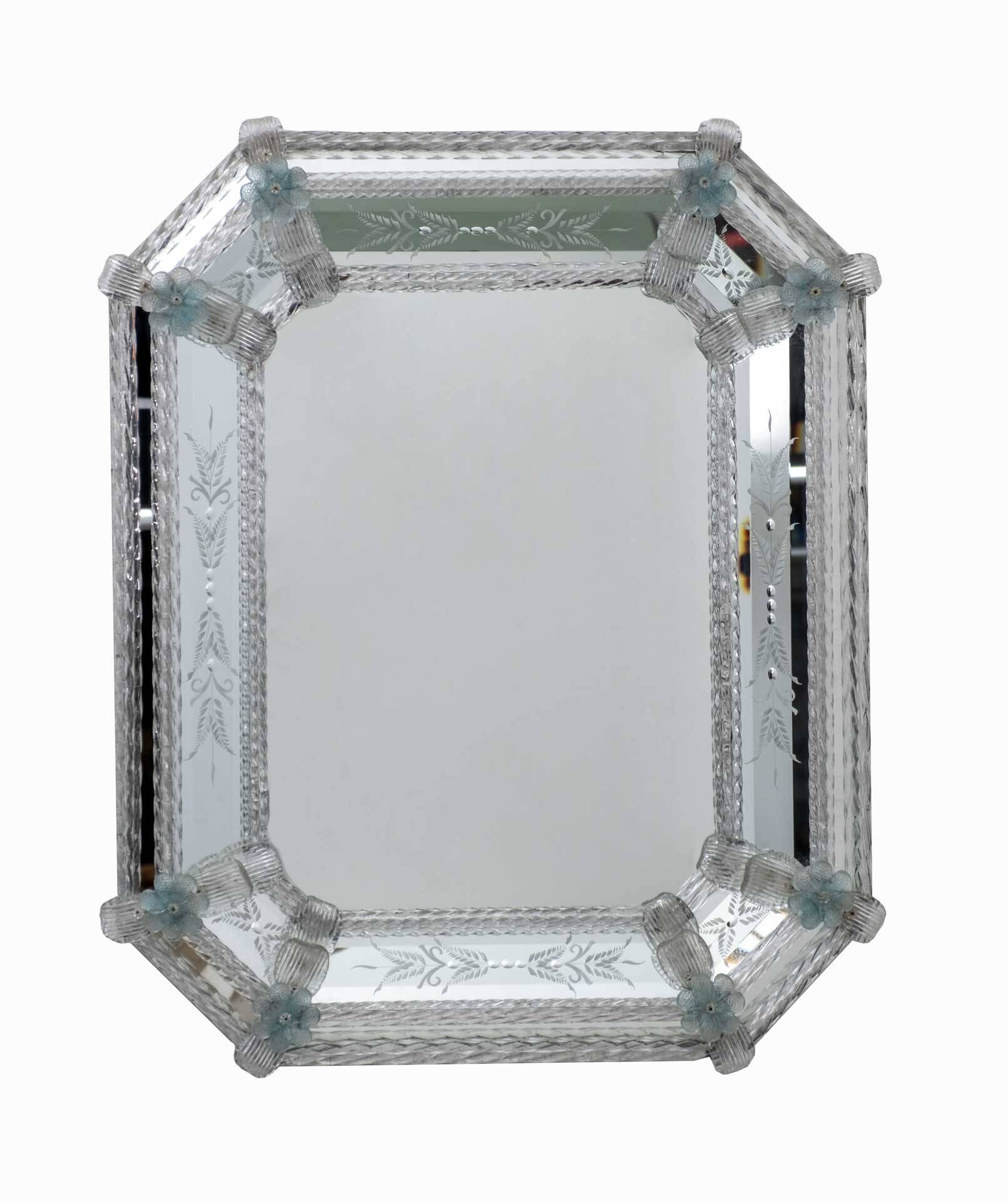 Miroir octogonal en verre de Murano vénitien du XXe siècle, décoré de fleurs