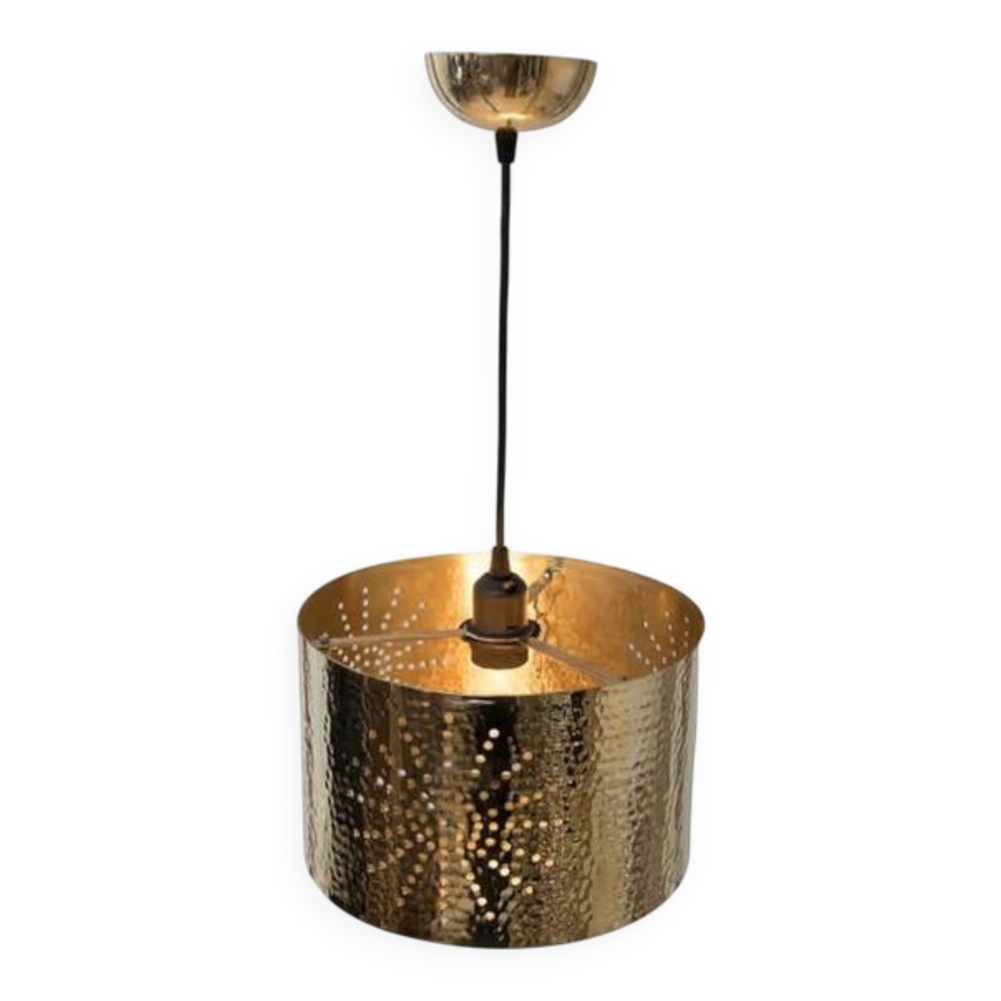Hammered copper metal pendant light with a golden cylindrical shade.
