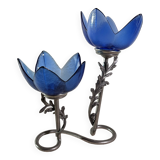 Tin & glass candle holder, floral decoration, signed Jean Goardére.