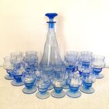Set carafe et 20 verres art déco myosotis