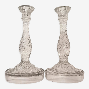Set of 2 mid century modern clear glass candlestick candle stick holders