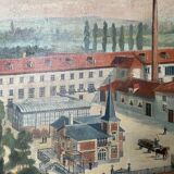 Tableau HST XIX° "Usine" Baccarat brasserie avec Serre, Pont Eiffel, Villa