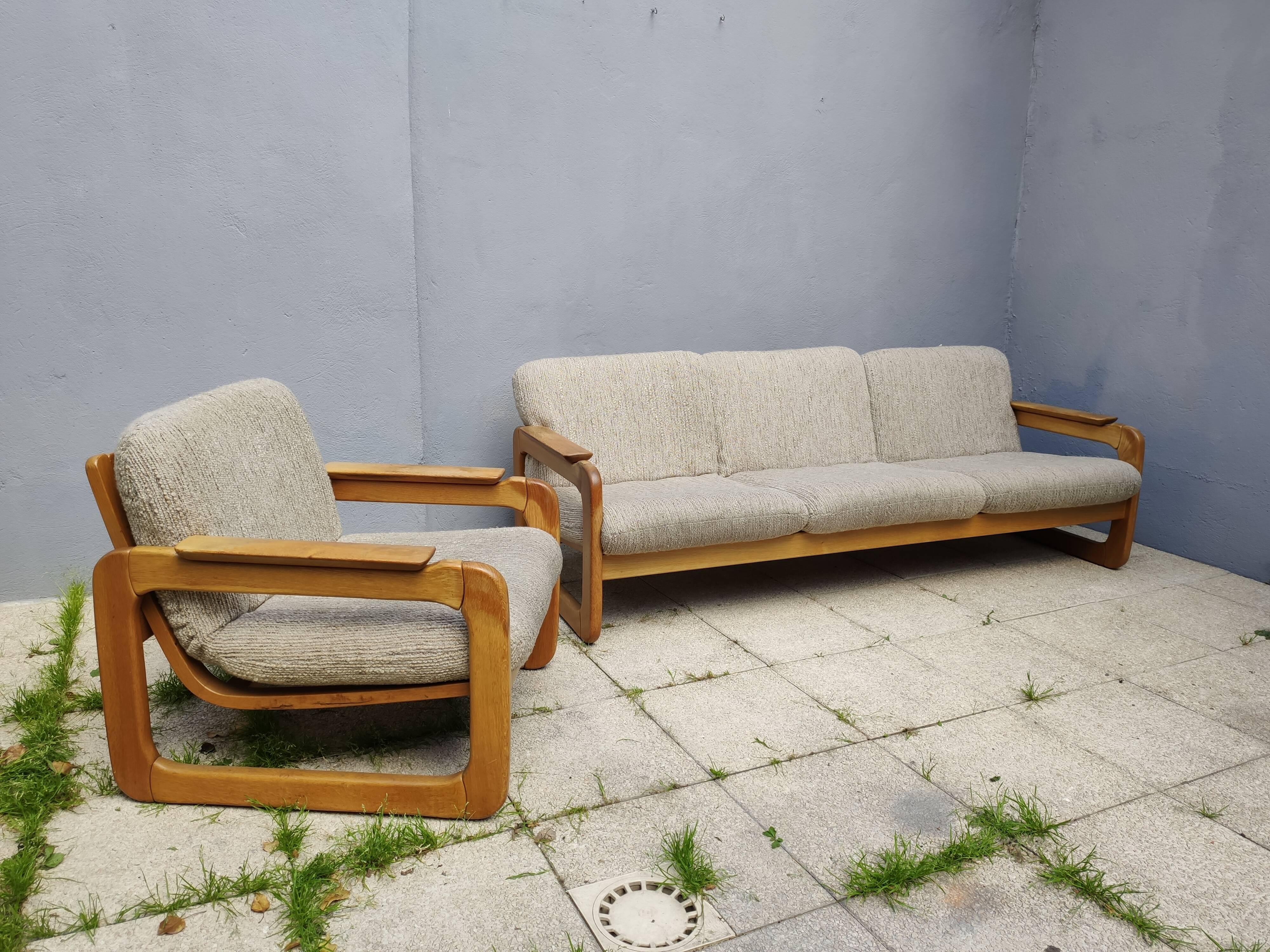 Set of 3-seater sofa + sled chair, 60/70's in oak