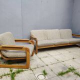 Set of 3-seater sofa + sled chair, 60/70's in oak