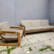 Set of 3-seater sofa + sled chair, 60/70's in oak