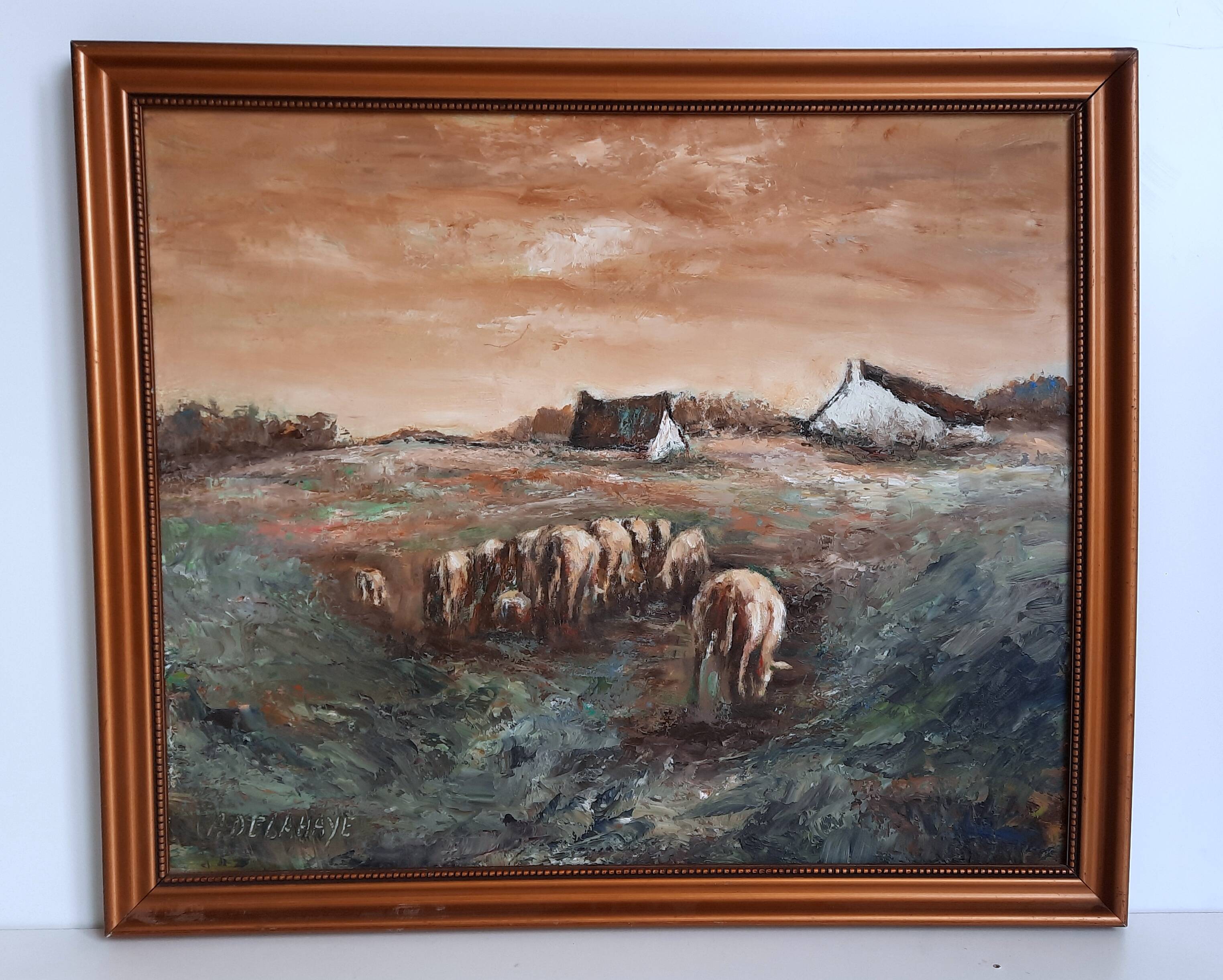 Oil painting on wood - A. Delahaye - Rural countryside scene - Hand signed and on the back - 1930
