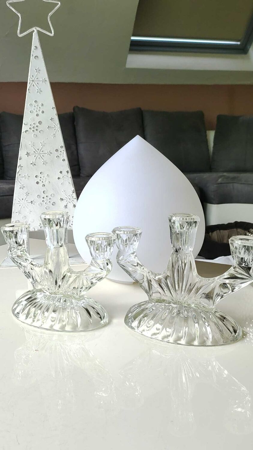 Pair of 3-spoke candlesticks, in art glass. Oberglas Austria. 50s