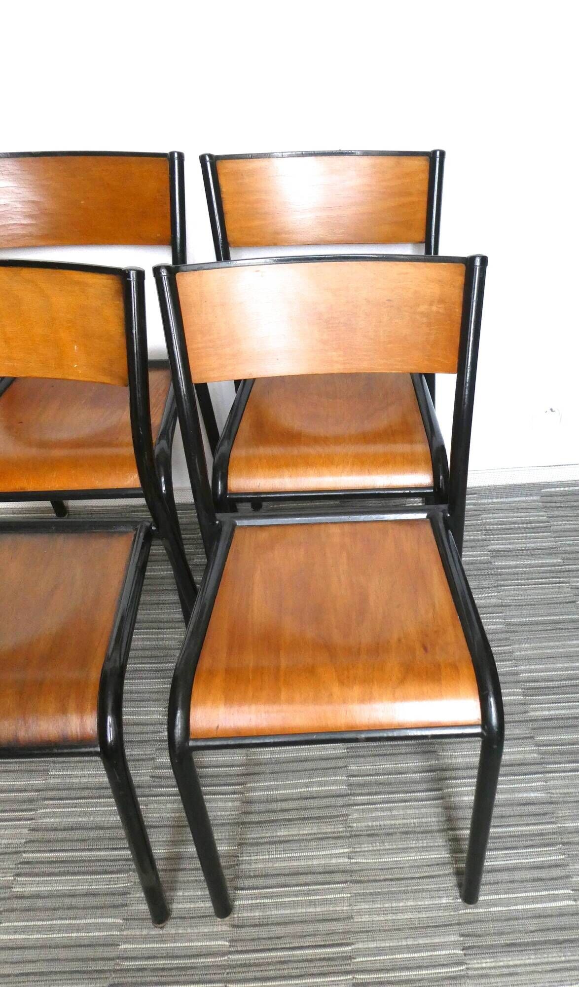 Lot of 4 adult school chairs, wood and black metal