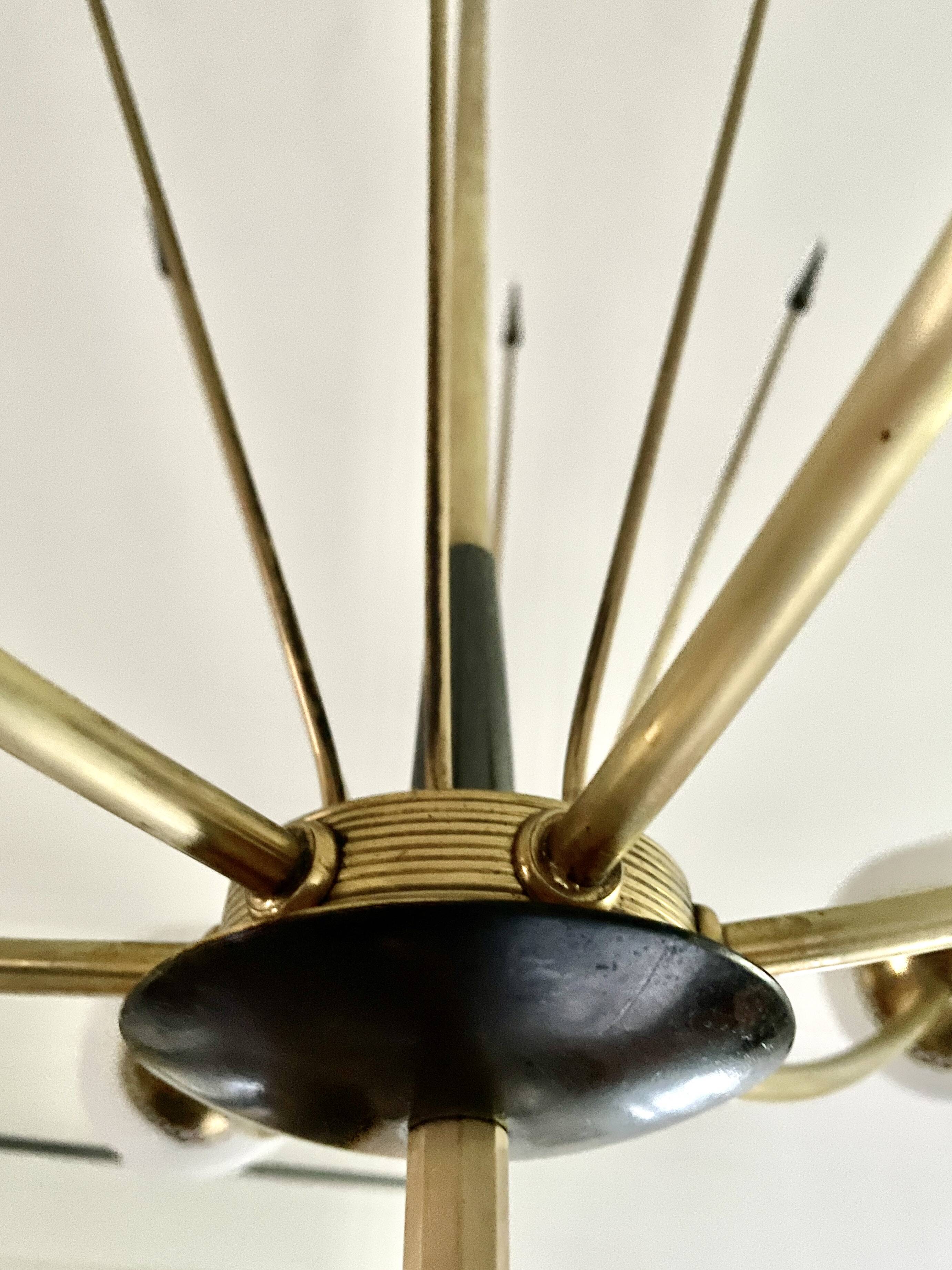 Large chandelier with 6 opaline tulip shades and 6 anthracite points, 1950