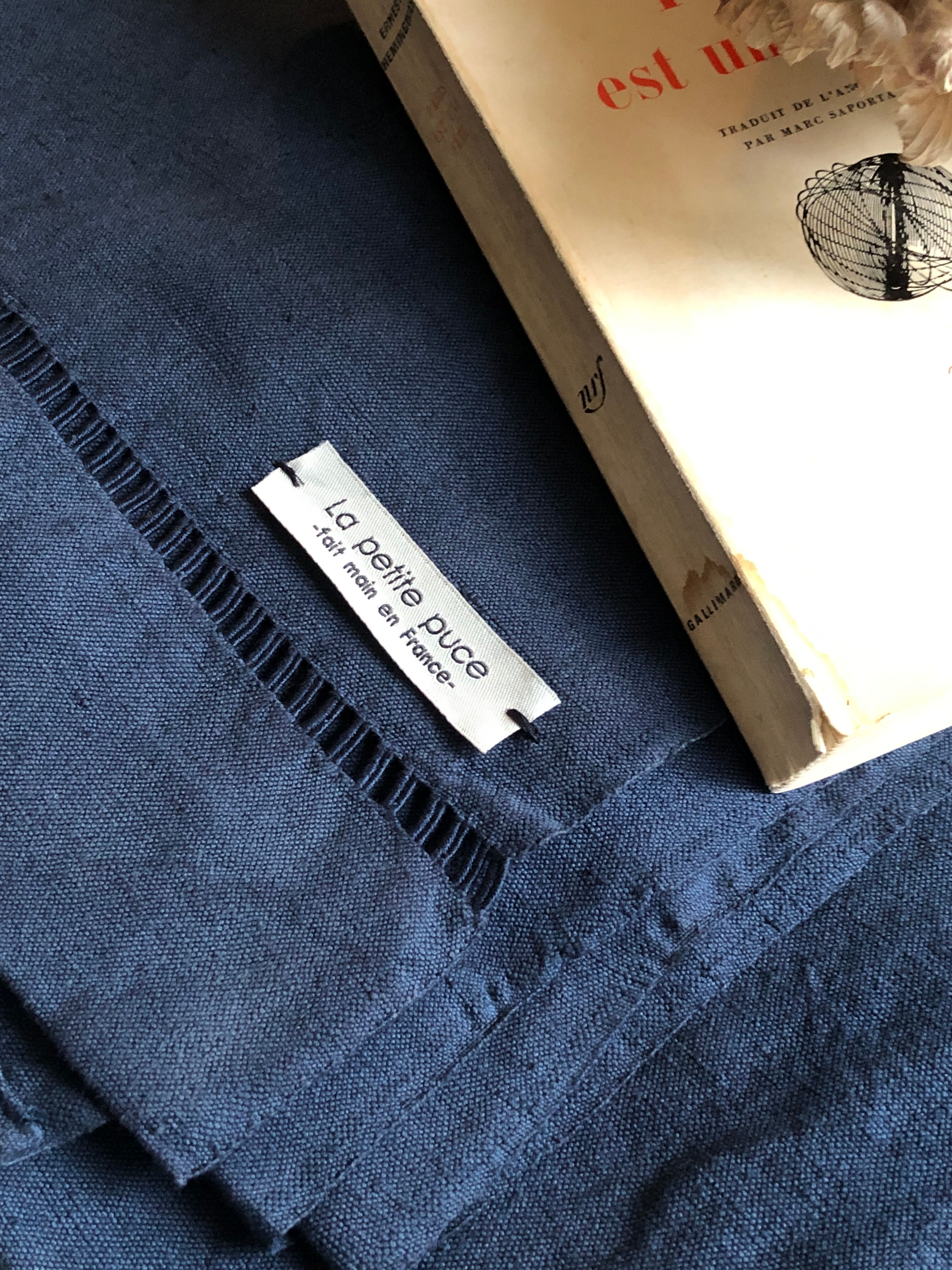 Old linen and cotton sheet dyed in night blue