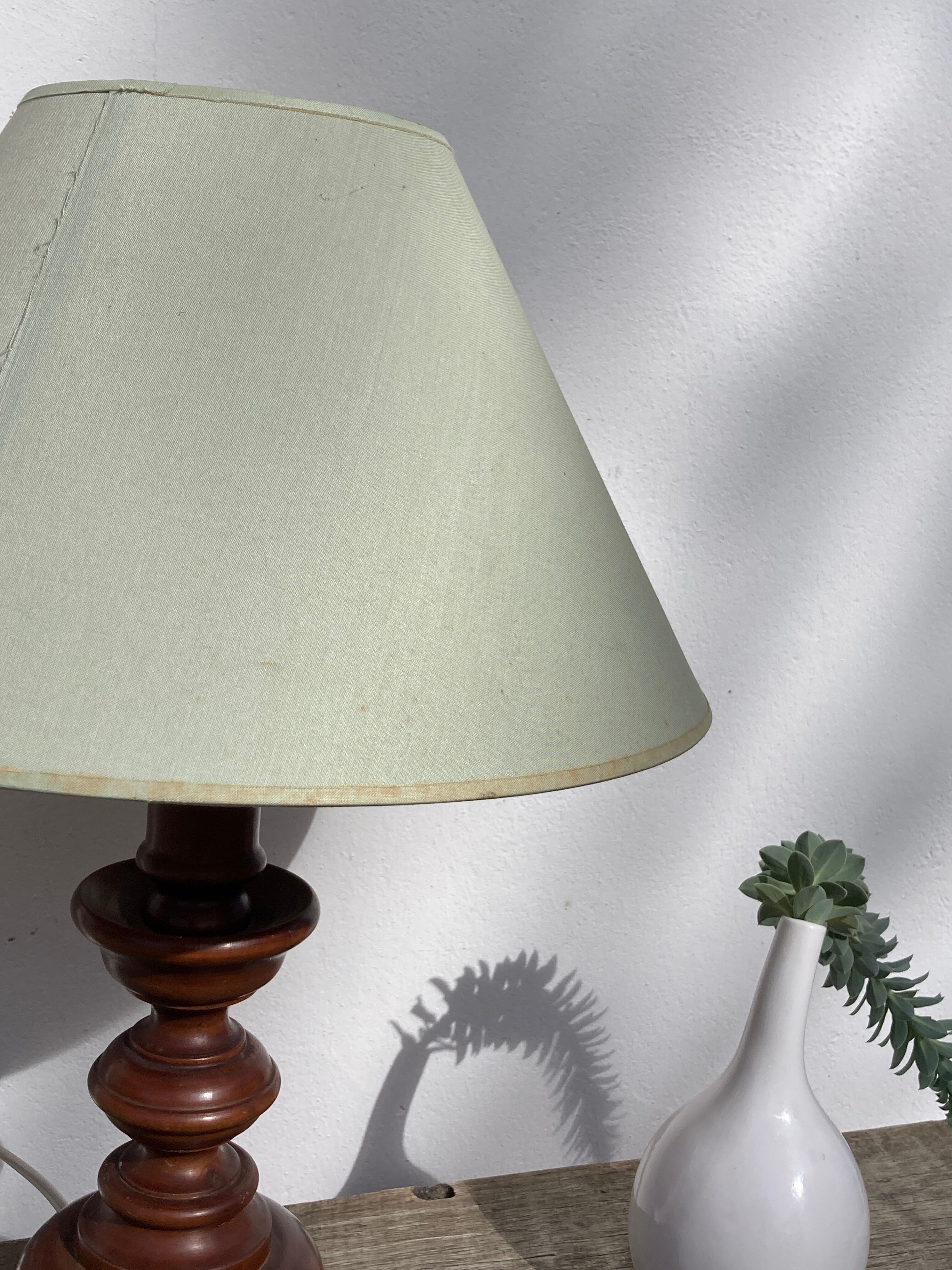 Turned wooden lamp old bluish gray lampshade