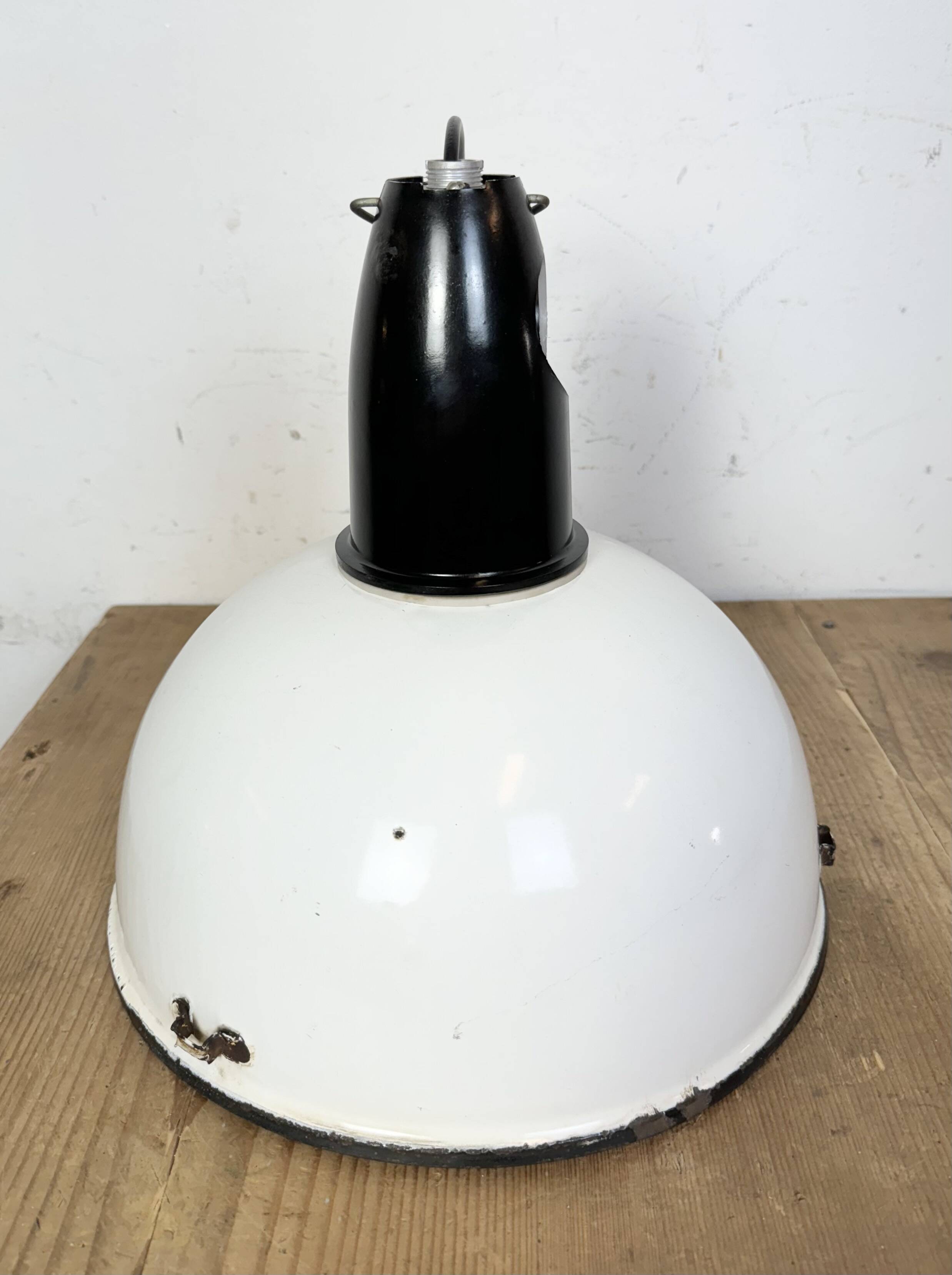 Industrial soviet white enamel pendant lamp, 1960s