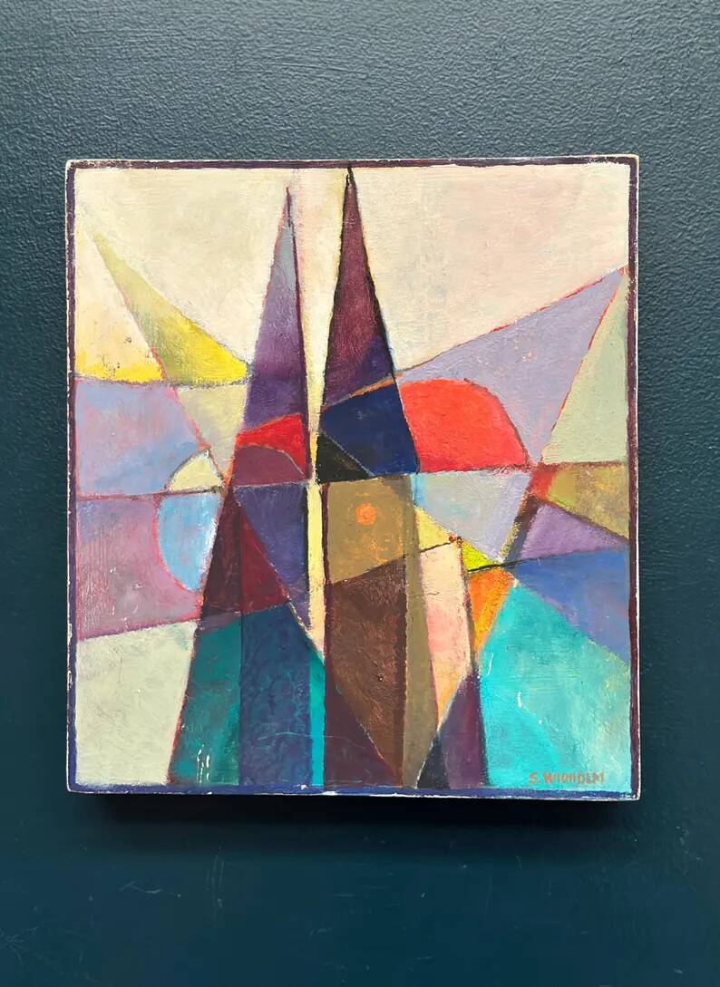 Oil on Swedish panel – 'Geometric Composition' by Stellan Widholm – Signed – vintage and framed – 35 × 32 × 5 cm