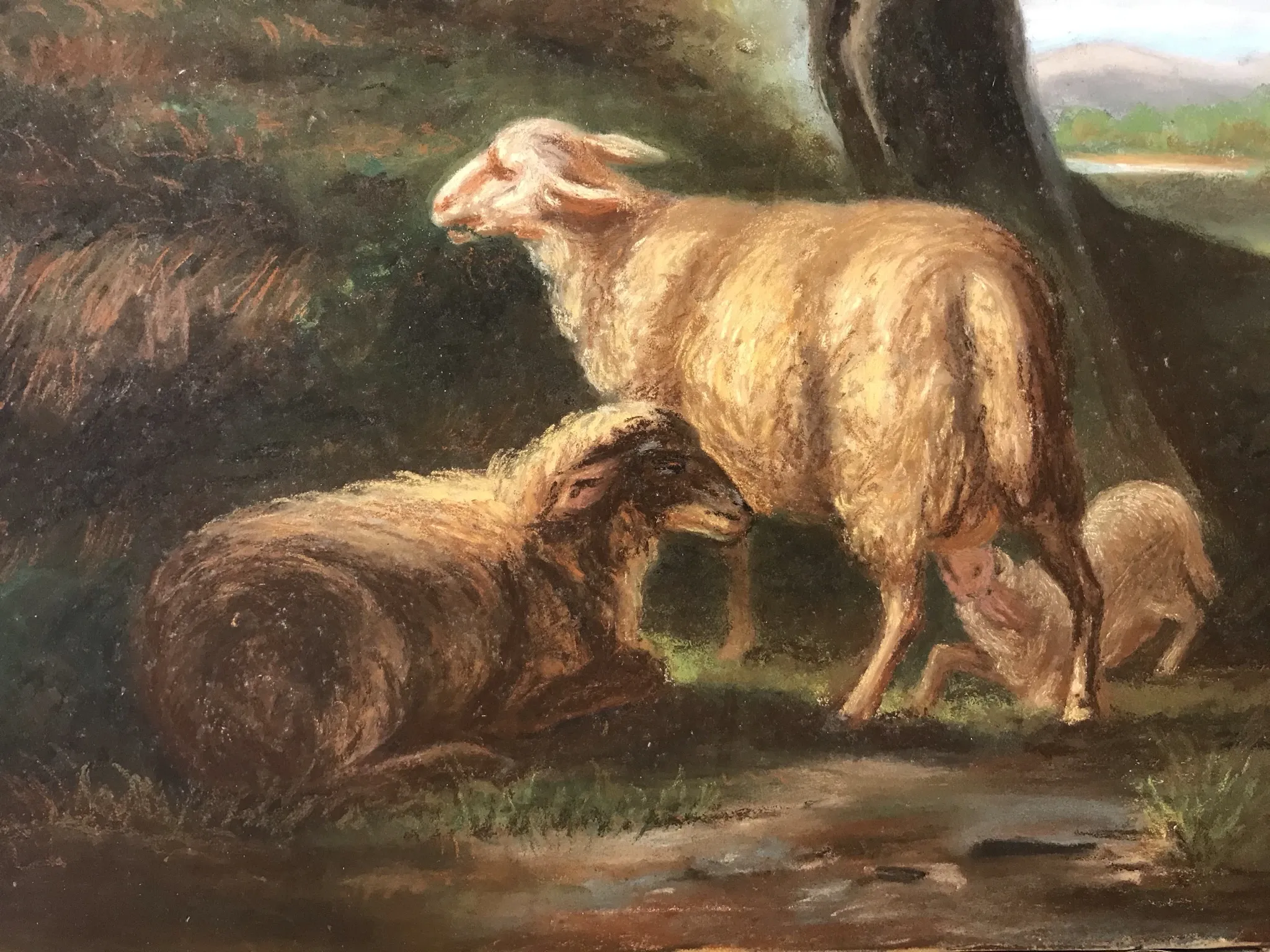 French school, pastel animated landscape with sheep from the early 20th century.