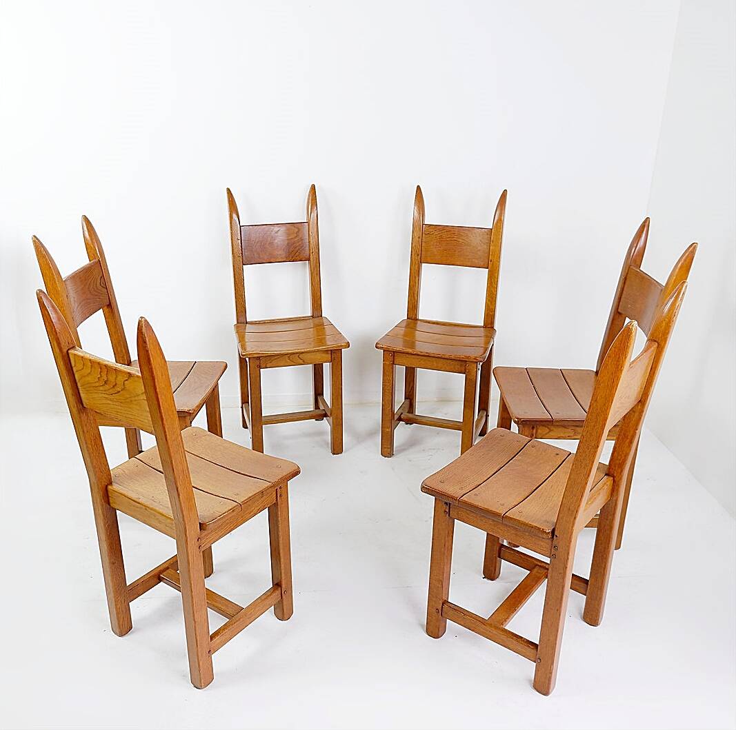 Ensemble de 6 chaises en chêne brutalistes - années 1970
