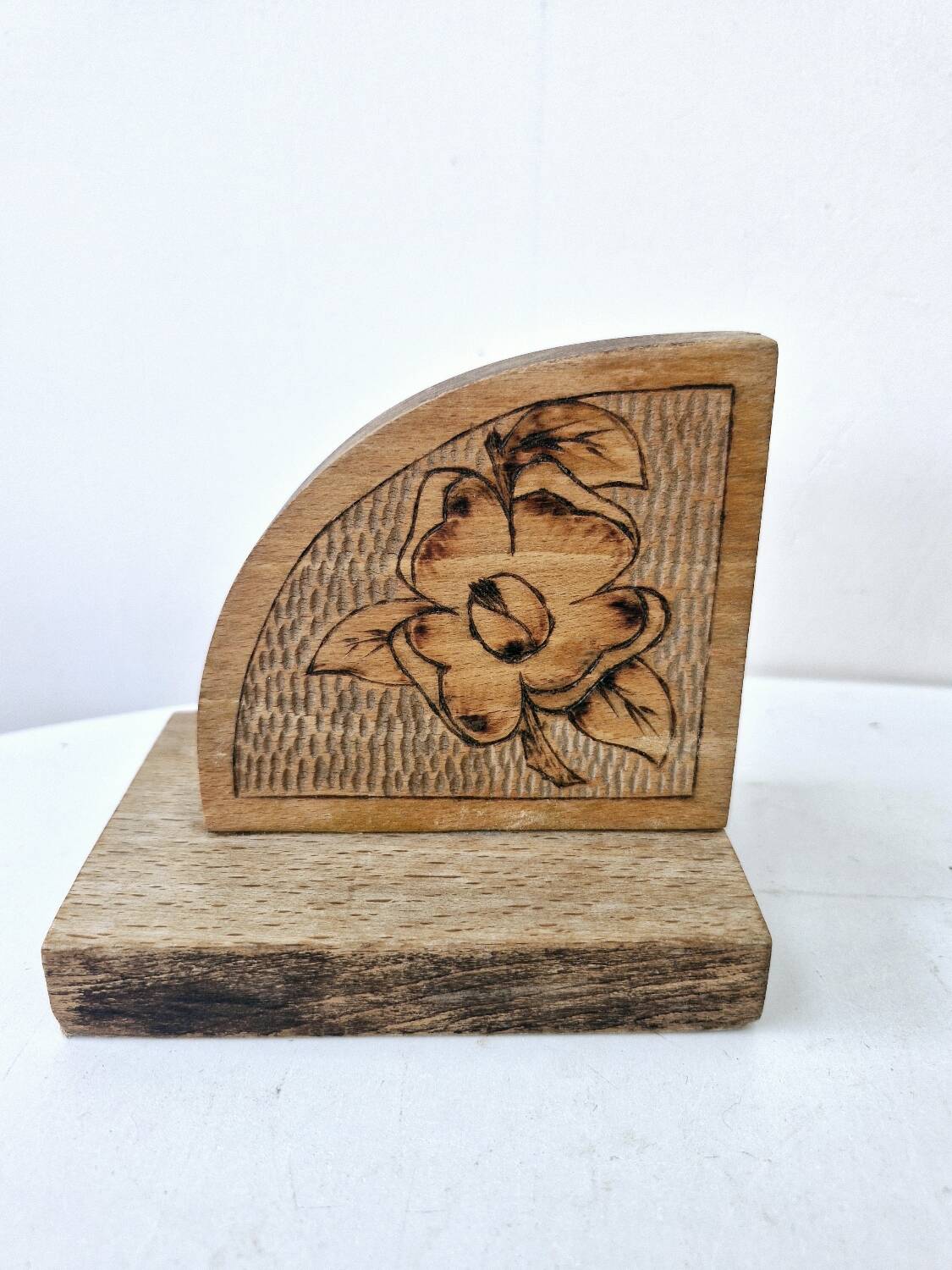Old wooden bookends with pyrography flower decoration signed 1940s Art Deco